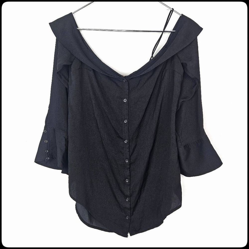 FREE PEOPLE Black Walk This Way Button Up Bell Sleeve Blouse Top Size: X-Small